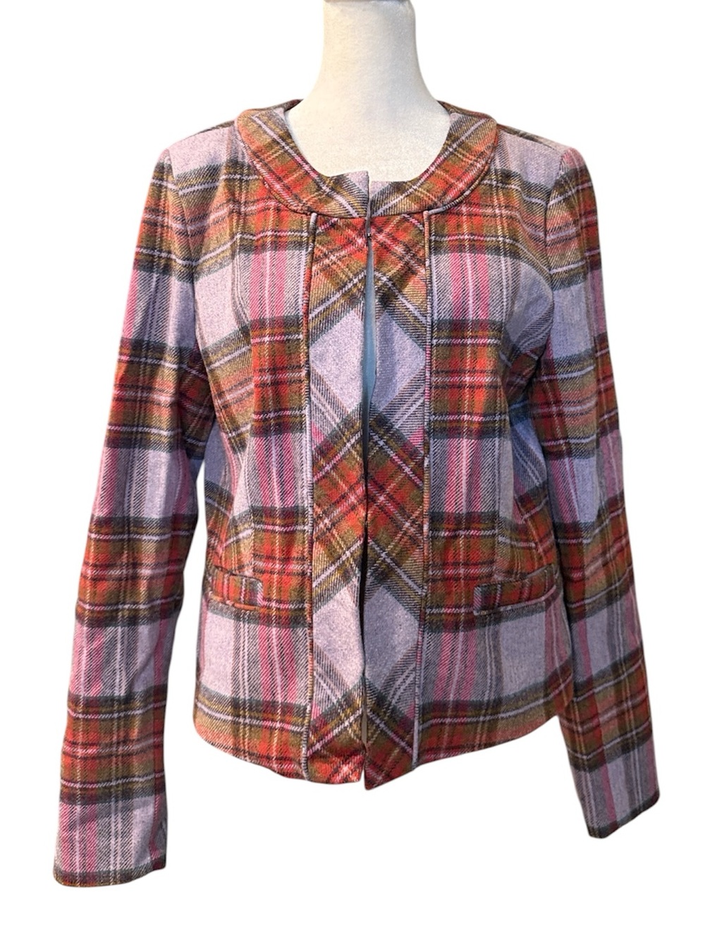 LANDS' END PURPLE BROWN PLAID LINED 100% WOOL POCKETS BLAZER JACKET Size 10 Fall